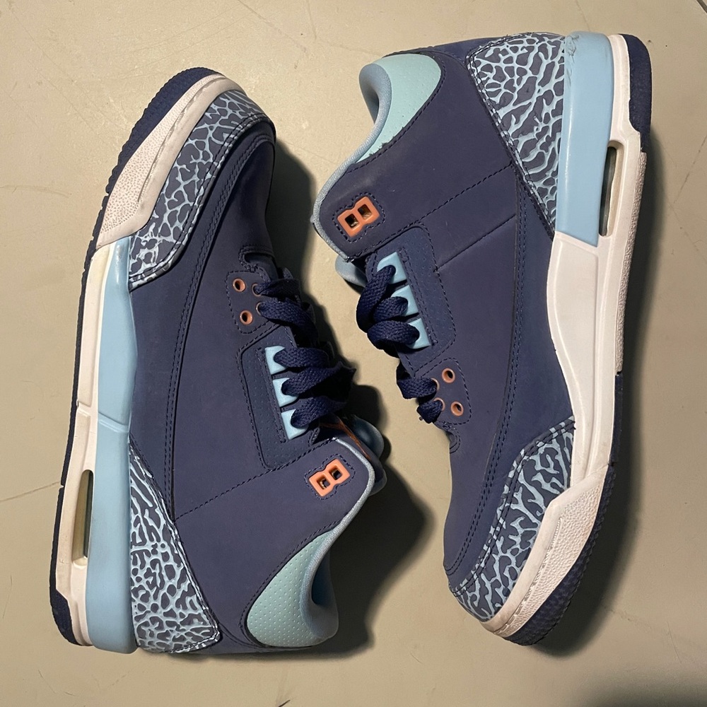 Blue and Orange Jordan retro 5 Sneakers with Patterned Accents